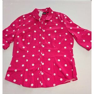 NWT New York & Company 7th Avenue Pink & White Polka Dot Button Down Shirt
